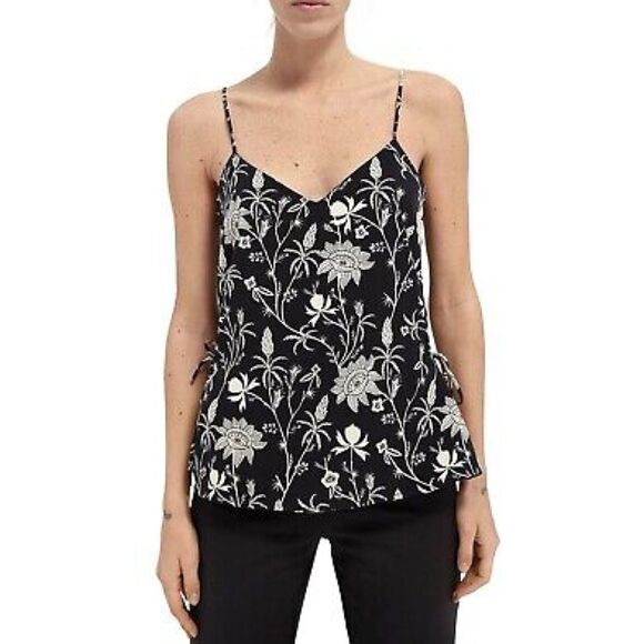Scotch & Soda Maison Scotch Mix Media Side Tie Floral Tank in Black/ White - Picture 2 of 9